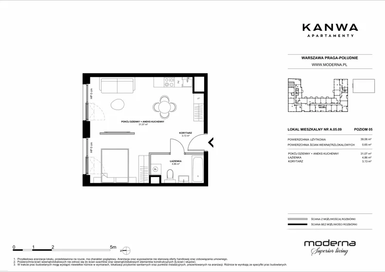 2 pokoje, mieszkanie 39,06 m², piętro 5, oferta nr A.05.09, KANWA Apartamenty, Warszawa, Praga Południe, ul. Zamoyskiego 24