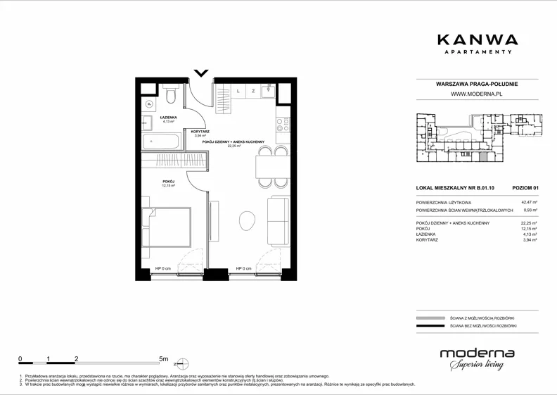 2 pokoje, mieszkanie 42,47 m², piętro 1, oferta nr B.01.10, KANWA Apartamenty, Warszawa, Praga Południe, ul. Zamoyskiego 24
