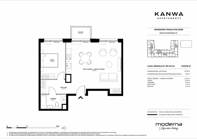 2 pokoje, mieszkanie 55,08 m², piętro 5, oferta nr B.05.03, KANWA Apartamenty, Warszawa, Praga Południe, ul. Zamoyskiego 24