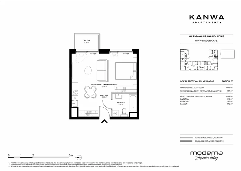 2 pokoje, mieszkanie 33,61 m², piętro 5, oferta nr B.05.06, KANWA Apartamenty, Warszawa, Praga Południe, ul. Zamoyskiego 24