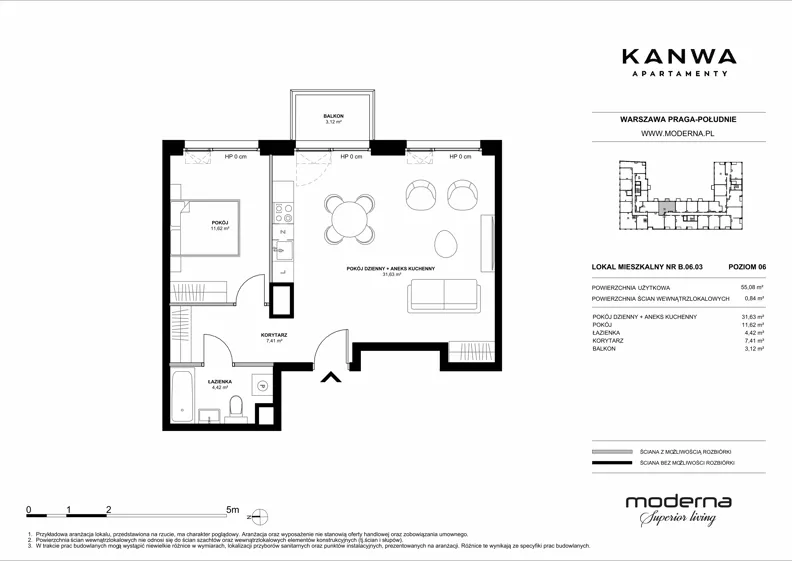2 pokoje, mieszkanie 55,08 m², piętro 6, oferta nr B.06.03, KANWA Apartamenty, Warszawa, Praga Południe, ul. Zamoyskiego 24