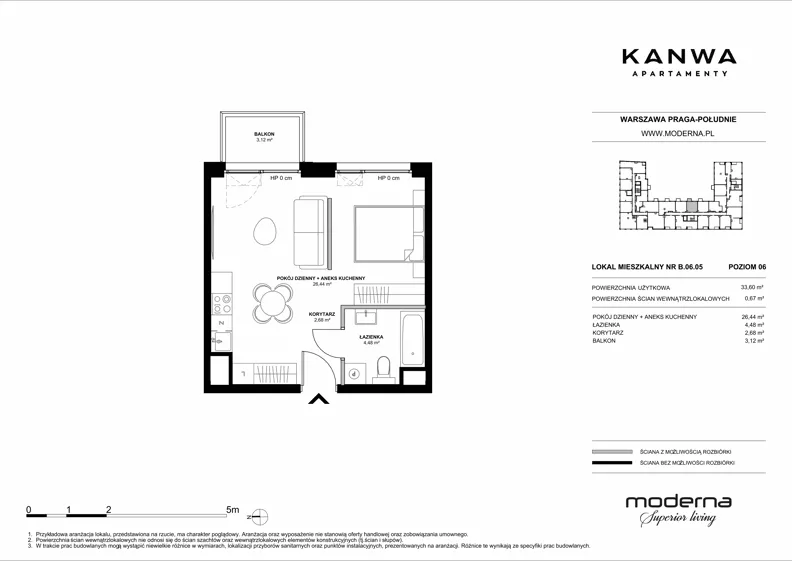 2 pokoje, mieszkanie 33,60 m², piętro 6, oferta nr B.06.05, KANWA Apartamenty, Warszawa, Praga Południe, ul. Zamoyskiego 24