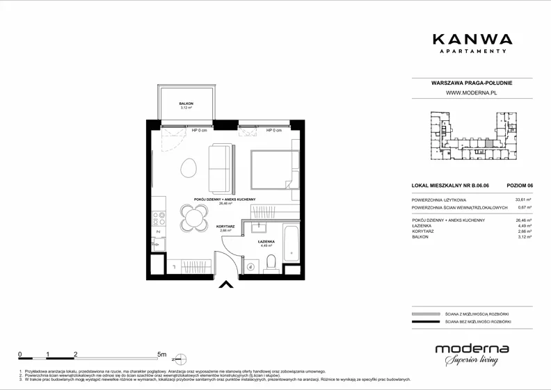 2 pokoje, mieszkanie 33,61 m², piętro 6, oferta nr B.06.06, KANWA Apartamenty, Warszawa, Praga Południe, ul. Zamoyskiego 24