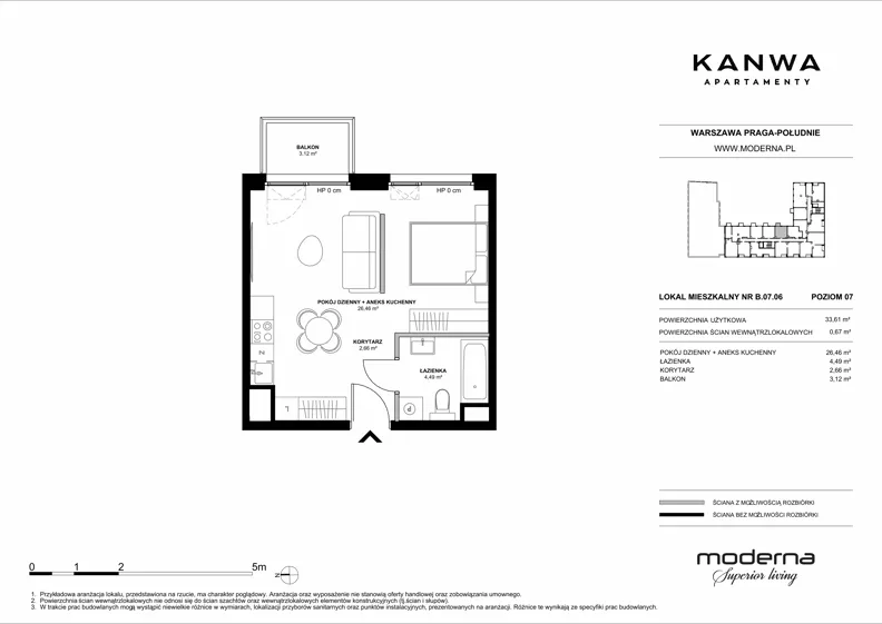 2 pokoje, mieszkanie 33,61 m², piętro 7, oferta nr B.07.06, KANWA Apartamenty, Warszawa, Praga Południe, ul. Zamoyskiego 24