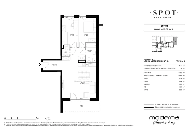 3 pokoje, mieszkanie 71,13 m², parter, oferta nr C.0.4, SPOT, Sopot, Świemirowo, ul. Aleja Niepodległości 635/637