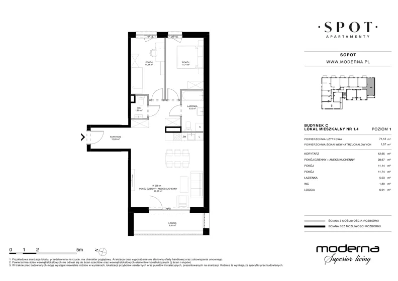 3 pokoje, mieszkanie 71,12 m², piętro 1, oferta nr C.1.4, SPOT, Sopot, Świemirowo, ul. Aleja Niepodległości 635/637