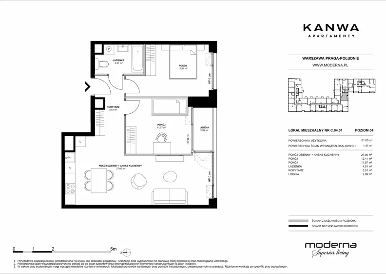3 pokoje, mieszkanie 61,00 m², piętro 4, oferta nr C.04.01, KANWA Apartamenty, Warszawa, Praga Południe, ul. Zamoyskiego 24