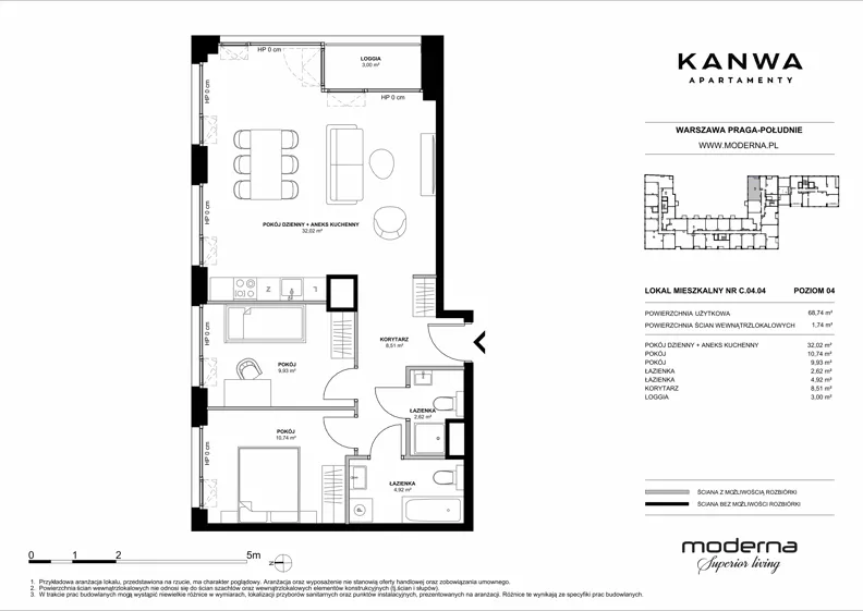 3 pokoje, mieszkanie 68,74 m², piętro 4, oferta nr C.04.04, KANWA Apartamenty, Warszawa, Praga Południe, ul. Zamoyskiego 24