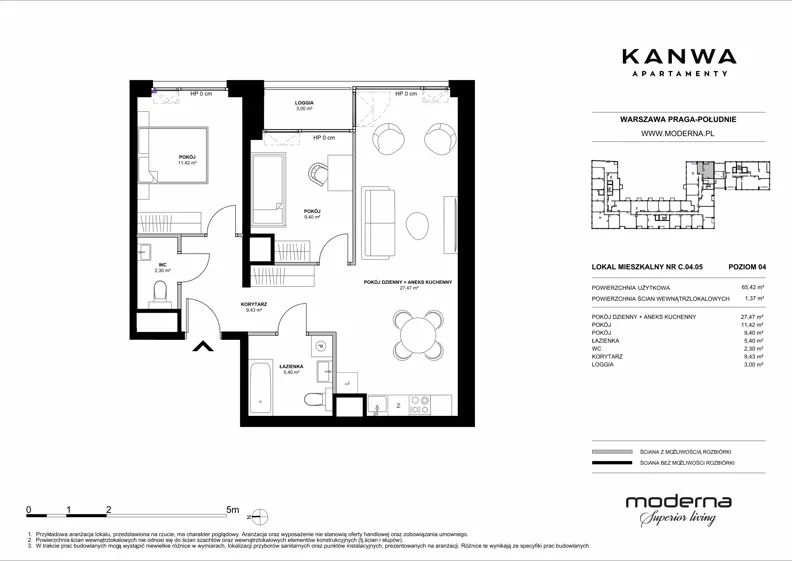 3 pokoje, mieszkanie 65,42 m², piętro 4, oferta nr C.04.05, KANWA Apartamenty, Warszawa, Praga Południe, ul. Zamoyskiego 24