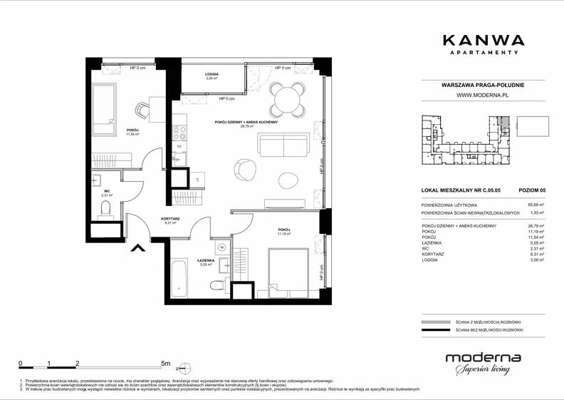 3 pokoje, mieszkanie 65,69 m², piętro 5, oferta nr C.05.05, KANWA Apartamenty, Warszawa, Praga Południe, ul. Zamoyskiego 24