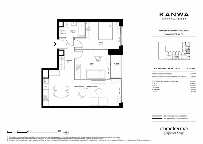 3 pokoje, mieszkanie 61,00 m², piętro 7, oferta nr C.07.01, KANWA Apartamenty, Warszawa, Praga Południe, ul. Zamoyskiego 24