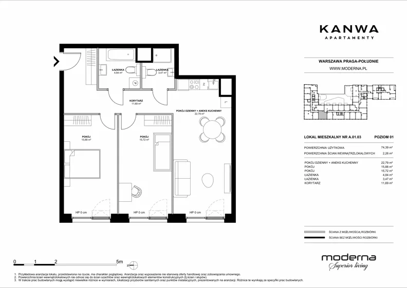 3 pokoje, mieszkanie 74,39 m², piętro 1, oferta nr A.01.03, KANWA Apartamenty, Warszawa, Praga Południe, ul. Zamoyskiego 24