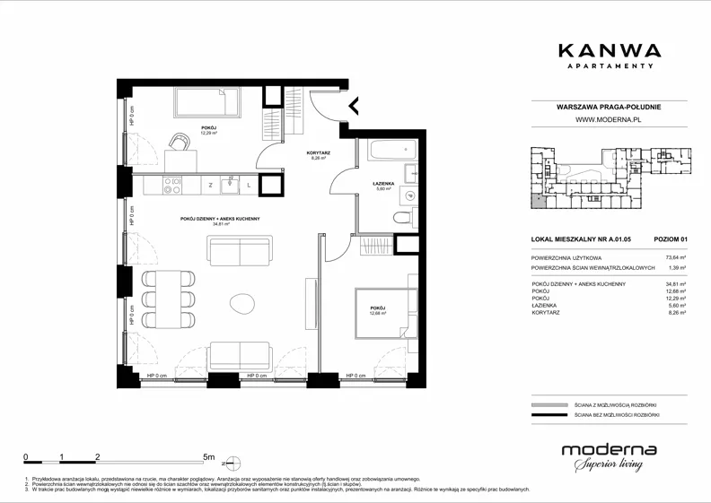 3 pokoje, mieszkanie 73,64 m², piętro 1, oferta nr A.01.05, KANWA Apartamenty, Warszawa, Praga Południe, ul. Zamoyskiego 24