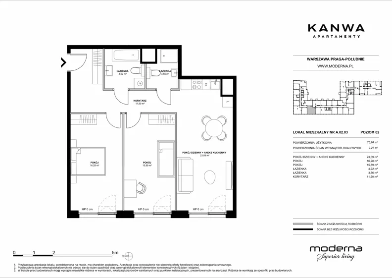 3 pokoje, mieszkanie 75,64 m², piętro 2, oferta nr A.02.03, KANWA Apartamenty, Warszawa, Praga Południe, ul. Zamoyskiego 24