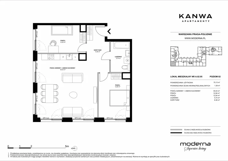3 pokoje, mieszkanie 75,13 m², piętro 2, oferta nr A.02.05, KANWA Apartamenty, Warszawa, Praga Południe, ul. Zamoyskiego 24