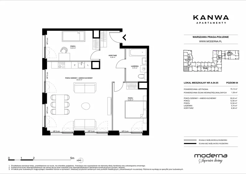 3 pokoje, mieszkanie 75,13 m², piętro 4, oferta nr A.04.05, KANWA Apartamenty, Warszawa, Praga Południe, ul. Zamoyskiego 24