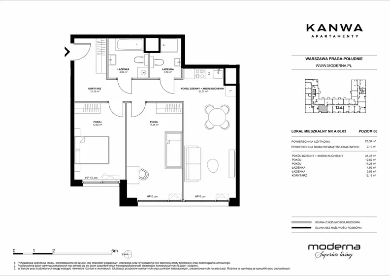 3 pokoje, mieszkanie 72,08 m², piętro 6, oferta nr A.06.03, KANWA Apartamenty, Warszawa, Praga Południe, ul. Zamoyskiego 24
