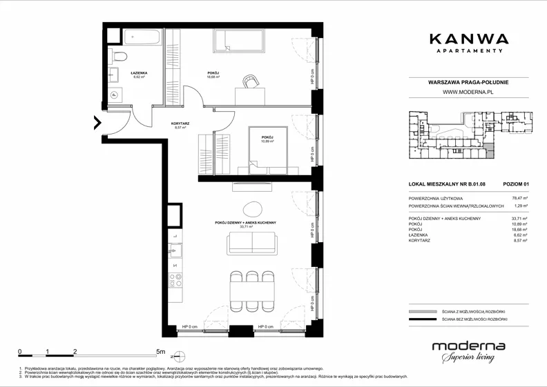 3 pokoje, mieszkanie 78,47 m², piętro 1, oferta nr B.01.08, KANWA Apartamenty, Warszawa, Praga Południe, ul. Zamoyskiego 24