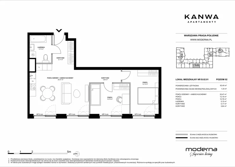 3 pokoje, mieszkanie 62,40 m², piętro 2, oferta nr B.02.01, KANWA Apartamenty, Warszawa, Praga Południe, ul. Zamoyskiego 24