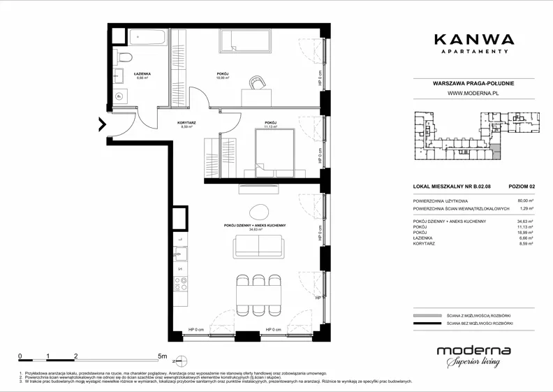 3 pokoje, mieszkanie 80,00 m², piętro 2, oferta nr B.02.08, KANWA Apartamenty, Warszawa, Praga Południe, ul. Zamoyskiego 24