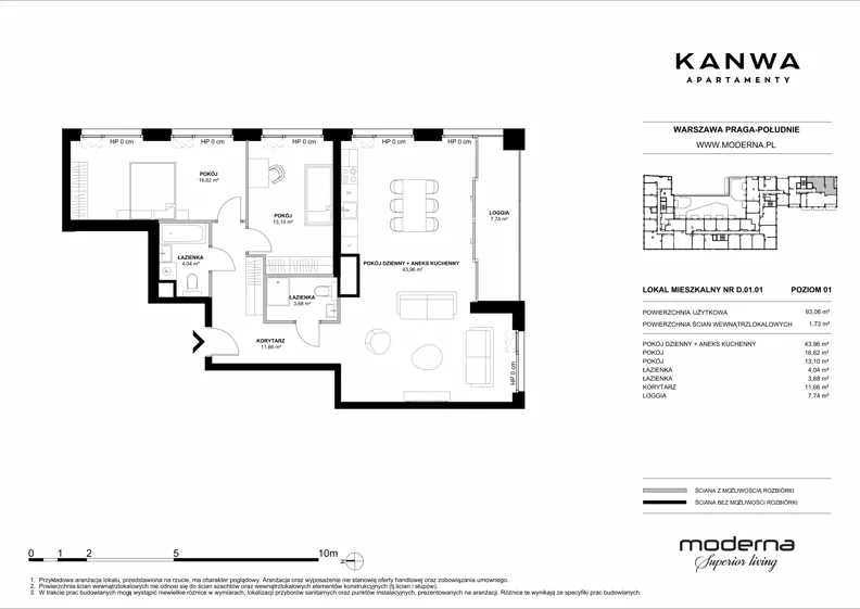 3 pokoje, mieszkanie 93,06 m², piętro 1, oferta nr D.01.01, KANWA Apartamenty, Warszawa, Praga Południe, ul. Zamoyskiego 24