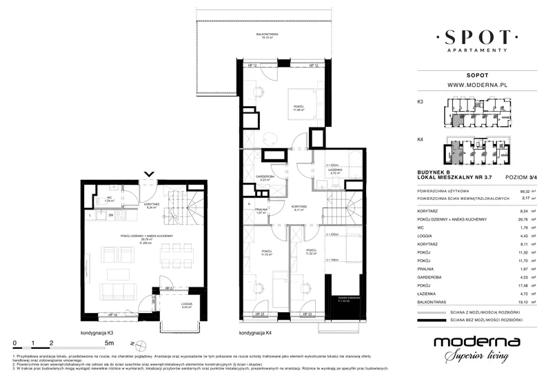 4 pokoje, mieszkanie 99,32 m², piętro 3, oferta nr B.3.7, SPOT, Sopot, Świemirowo, ul. Aleja Niepodległości 635/637
