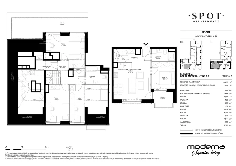 5 pokoi, mieszkanie 104,58 m², piętro 3, oferta nr A.3.8, SPOT, Sopot, Świemirowo, ul. Aleja Niepodległości 635/637
