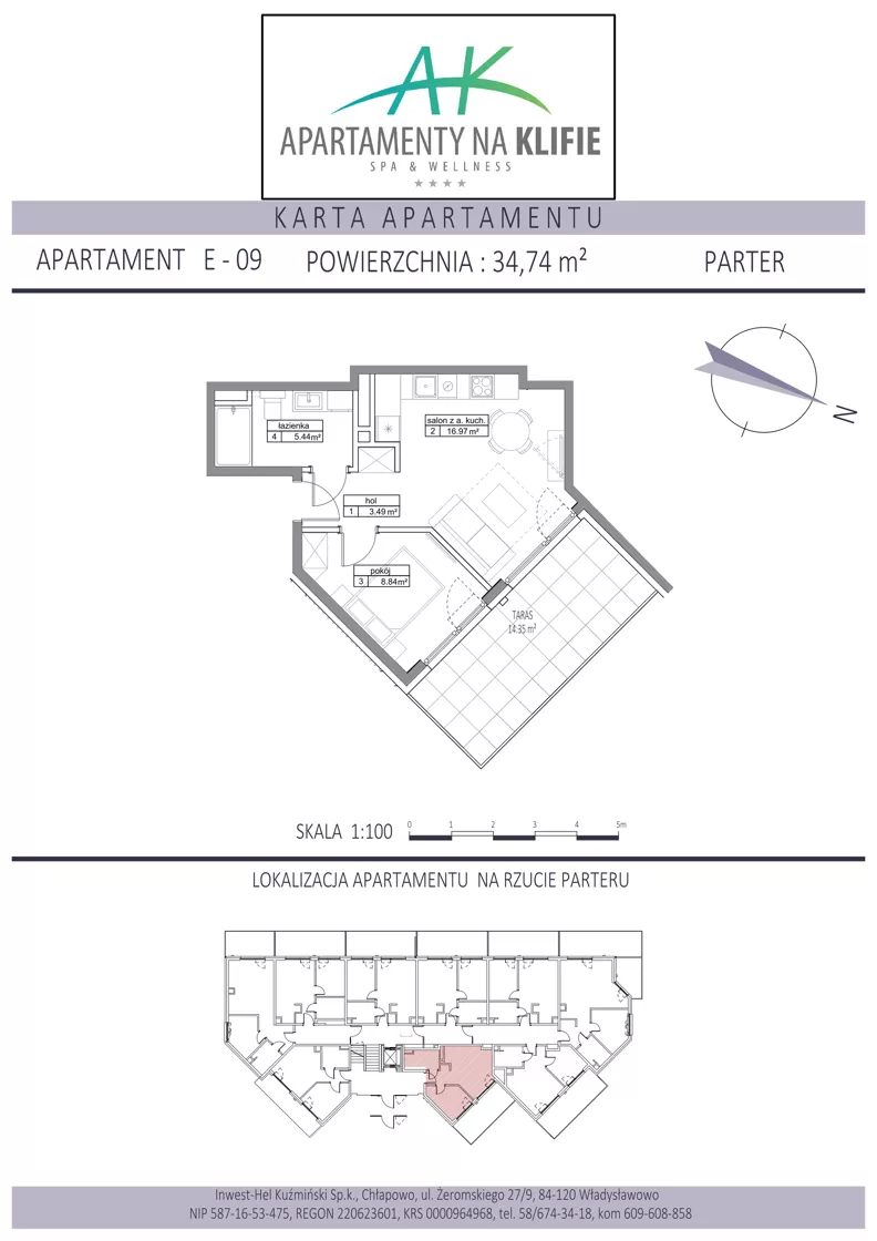 2 pokoje, apartament inwestycyjny 34,74 m², parter, oferta nr E-09, Apartamenty na Klifie, Władysławowo, Chłapowo, ul. Żeromskiego 27