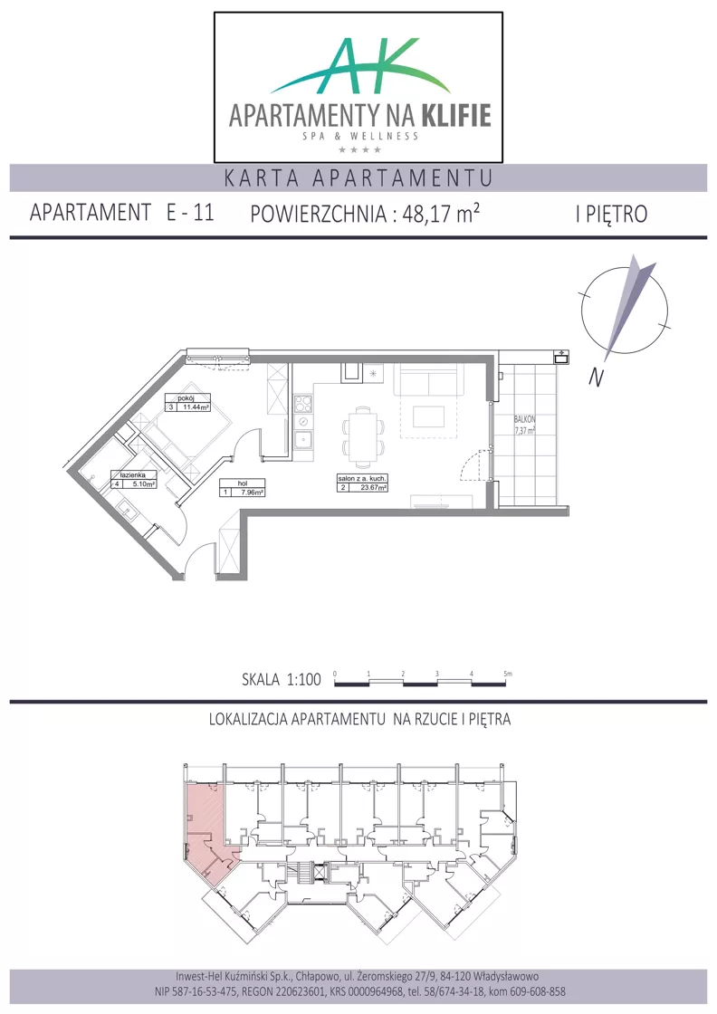 2 pokoje, apartament inwestycyjny 48,17 m², piętro 1, oferta nr E-11, Apartamenty na Klifie, Władysławowo, Chłapowo, ul. Żeromskiego 27
