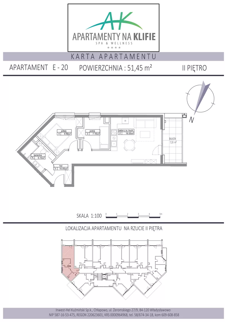 3 pokoje, apartament inwestycyjny 51,45 m², piętro 2, oferta nr E-20, Apartamenty na Klifie, Władysławowo, Chłapowo, ul. Żeromskiego 27