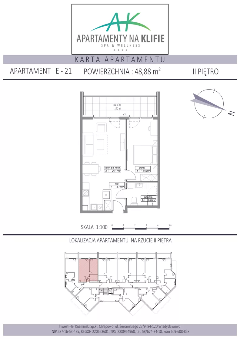 2 pokoje, apartament inwestycyjny 48,88 m², piętro 2, oferta nr E-21, Apartamenty na Klifie, Władysławowo, Chłapowo, ul. Żeromskiego 27