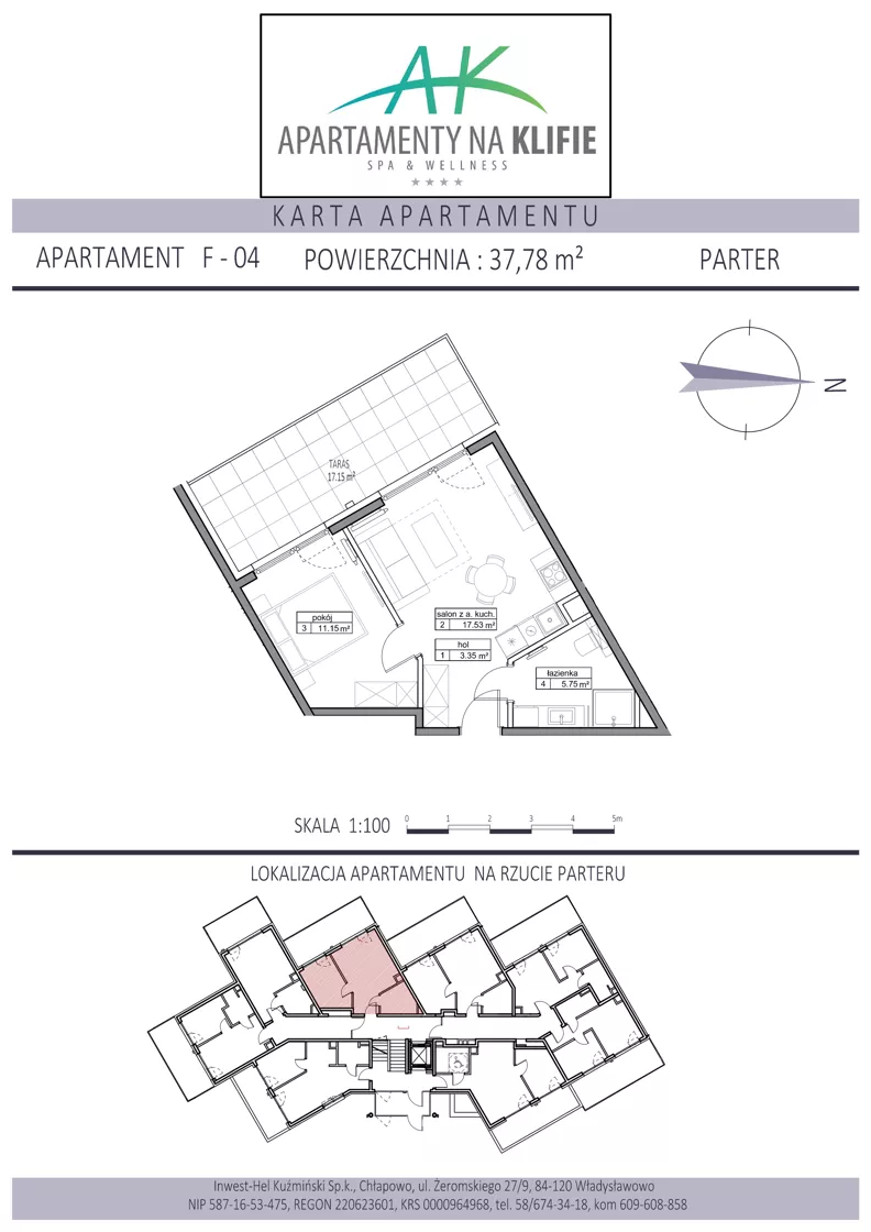 2 pokoje, apartament inwestycyjny 37,78 m², parter, oferta nr F-04, Apartamenty na Klifie, Władysławowo, Chłapowo, ul. Żeromskiego 27