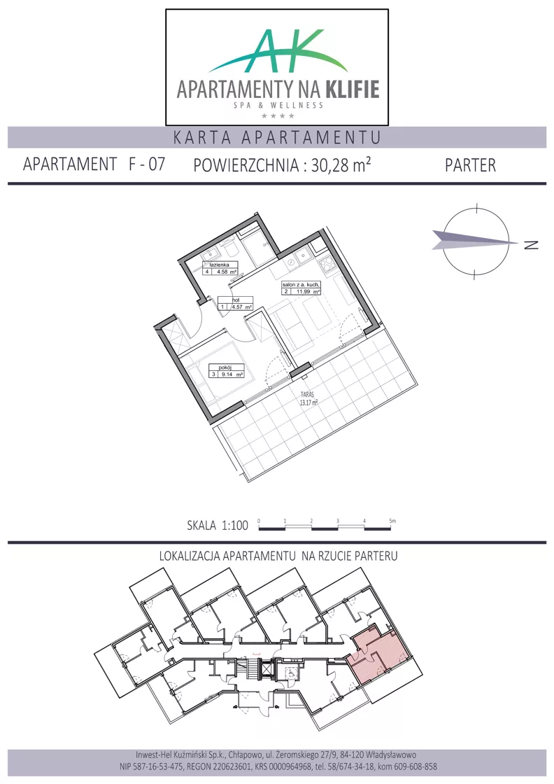 2 pokoje, apartament inwestycyjny 30,28 m², parter, oferta nr F-07, Apartamenty na Klifie, Władysławowo, Chłapowo, ul. Żeromskiego 27