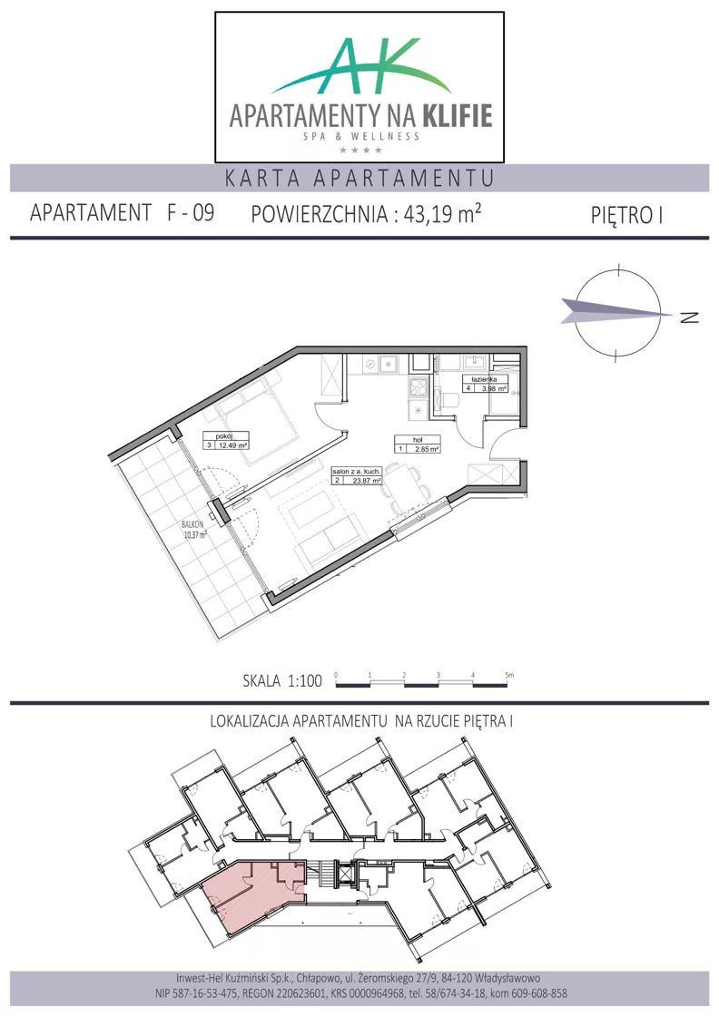 2 pokoje, apartament inwestycyjny 43,19 m², piętro 1, oferta nr F-09, Apartamenty na Klifie, Władysławowo, Chłapowo, ul. Żeromskiego 27