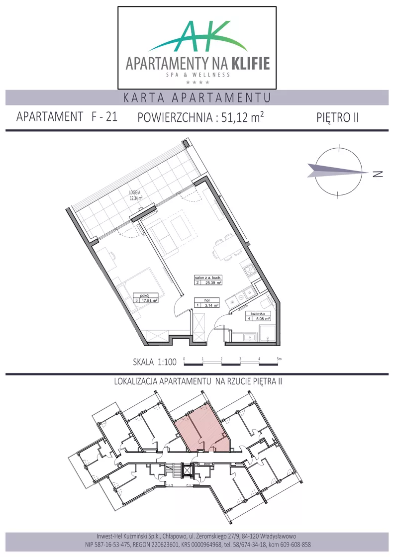 2 pokoje, apartament inwestycyjny 51,12 m², piętro 2, oferta nr F-21, Apartamenty na Klifie, Władysławowo, Chłapowo, ul. Żeromskiego 27