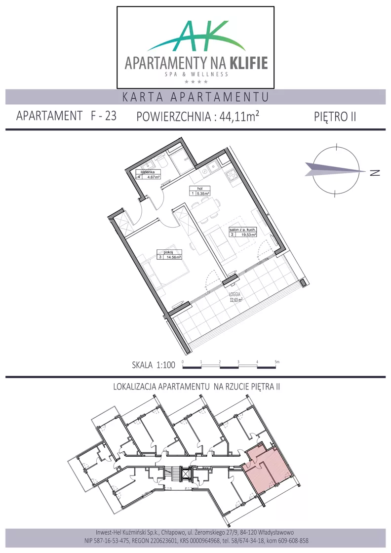 2 pokoje, apartament inwestycyjny 44,11 m², piętro 2, oferta nr F-23, Apartamenty na Klifie, Władysławowo, Chłapowo, ul. Żeromskiego 27