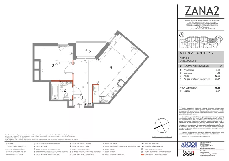 2 pokoje, mieszkanie 48,33 m², piętro 3, oferta nr 17, Zana 2, Warszawa, Praga Południe, Gocławek, ul. Tomasza Zana