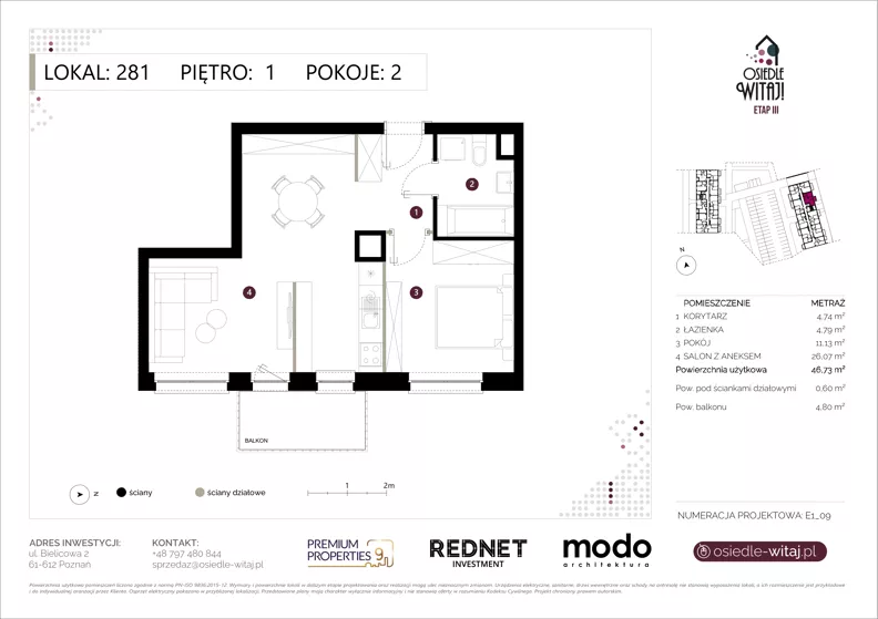2 pokoje, mieszkanie 46,73 m², piętro 1, oferta nr E281, Osiedle Witaj etap III, Poznań, Naramowice, ul. Bielicowa