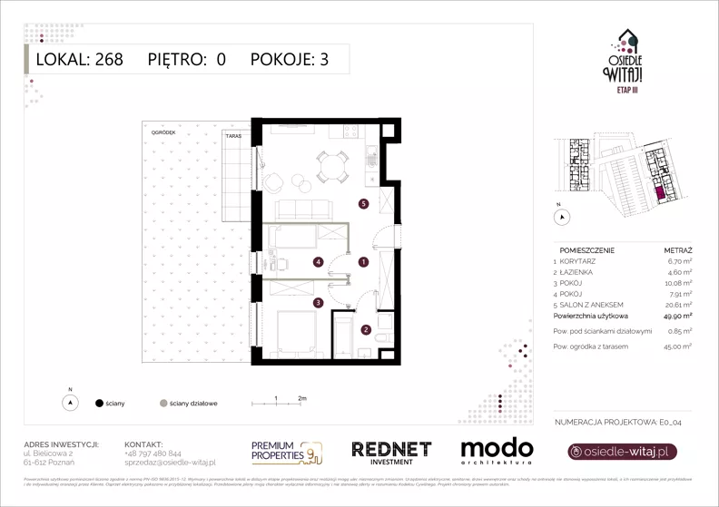 3 pokoje, mieszkanie 49,90 m², parter, oferta nr E268, Osiedle Witaj etap III, Poznań, Naramowice, ul. Bielicowa