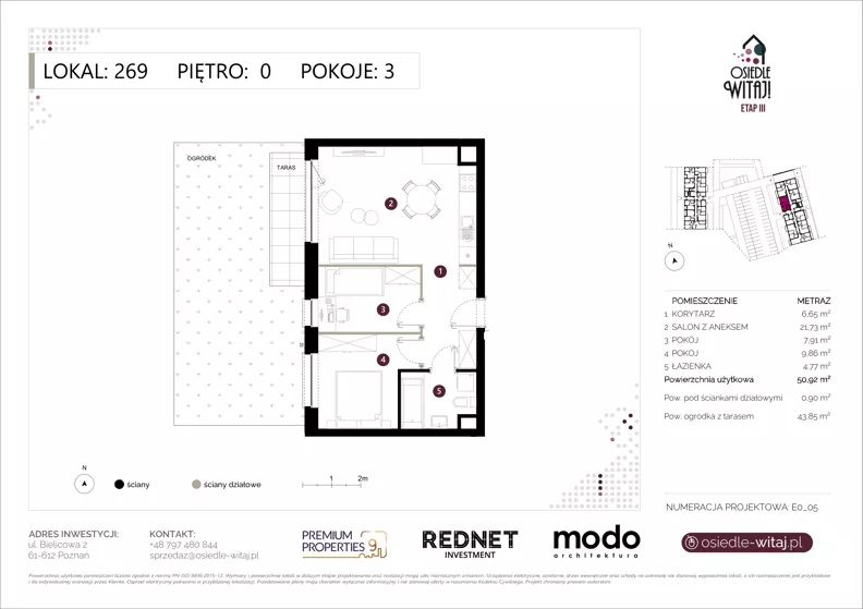 3 pokoje, mieszkanie 50,92 m², parter, oferta nr E269, Osiedle Witaj etap III, Poznań, Naramowice, ul. Bielicowa