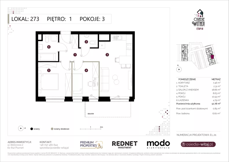 3 pokoje, mieszkanie 52,78 m², piętro 1, oferta nr E273, Osiedle Witaj etap III, Poznań, Naramowice, ul. Bielicowa