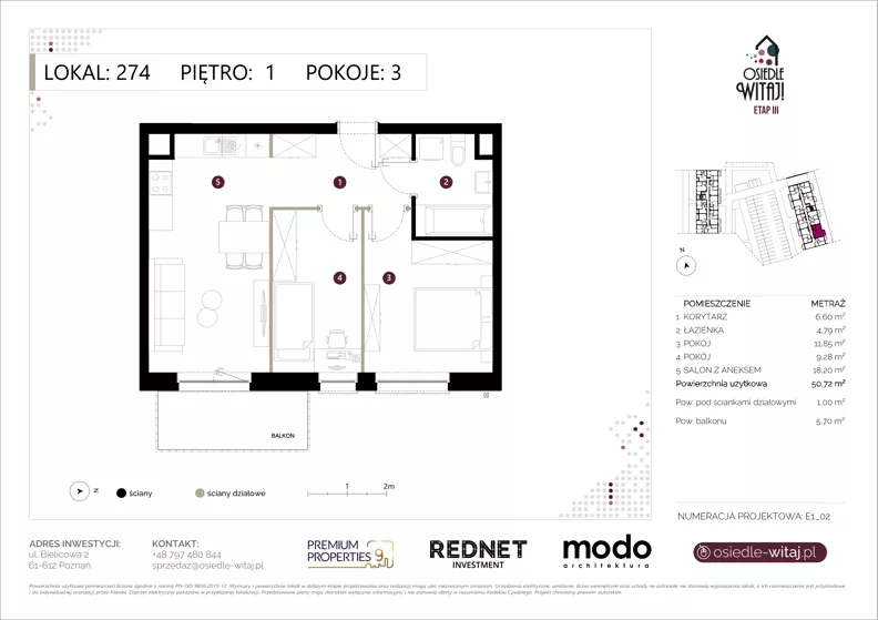 3 pokoje, mieszkanie 50,72 m², piętro 1, oferta nr E274, Osiedle Witaj etap III, Poznań, Naramowice, ul. Bielicowa