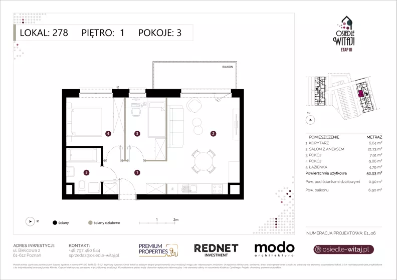 3 pokoje, mieszkanie 50,93 m², piętro 1, oferta nr E278, Osiedle Witaj etap III, Poznań, Naramowice, ul. Bielicowa