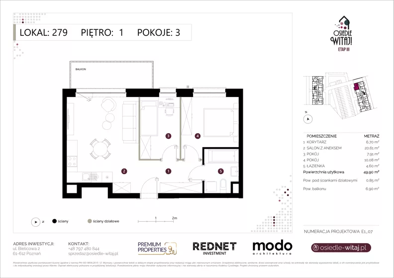 3 pokoje, mieszkanie 49,90 m², piętro 1, oferta nr E279, Osiedle Witaj etap III, Poznań, Naramowice, ul. Bielicowa