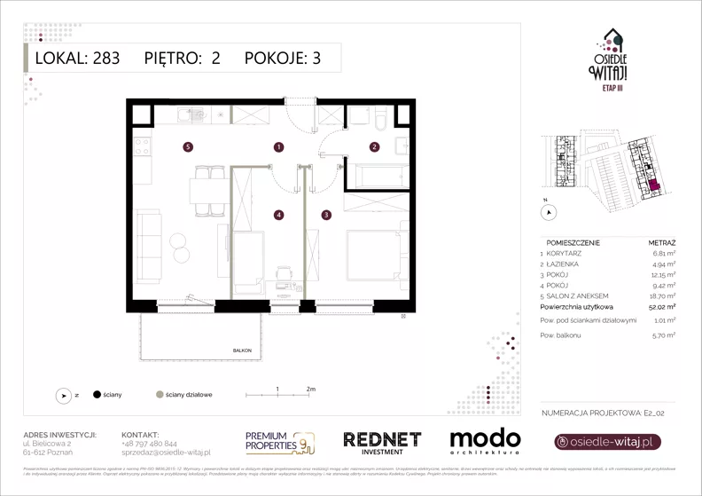 3 pokoje, mieszkanie 52,02 m², piętro 2, oferta nr E283, Osiedle Witaj etap III, Poznań, Naramowice, ul. Bielicowa