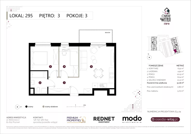 3 pokoje, mieszkanie 51,16 m², piętro 3, oferta nr E295, Osiedle Witaj etap III, Poznań, Naramowice, ul. Bielicowa
