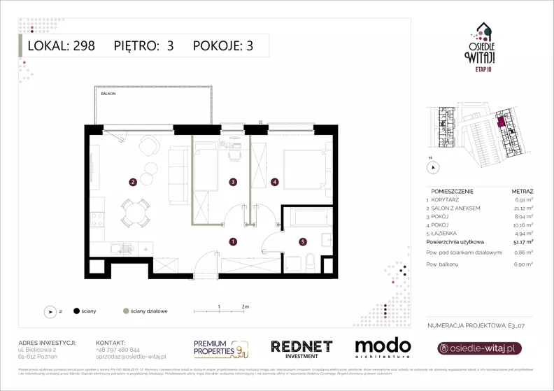 3 pokoje, mieszkanie 51,17 m², piętro 3, oferta nr E298, Osiedle Witaj etap III, Poznań, Naramowice, ul. Bielicowa