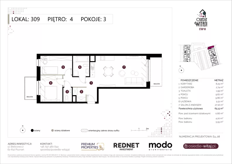 3 pokoje, mieszkanie 65,13 m², piętro 4, oferta nr E309, Osiedle Witaj etap III, Poznań, Naramowice, ul. Bielicowa