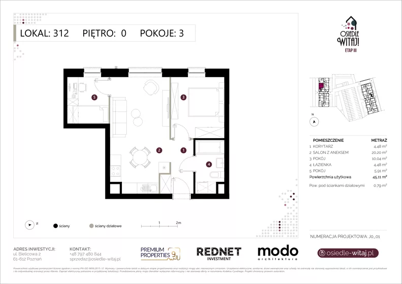 3 pokoje, mieszkanie 45,11 m², parter, oferta nr K312, Osiedle Witaj etap III, Poznań, Naramowice, ul. Bielicowa