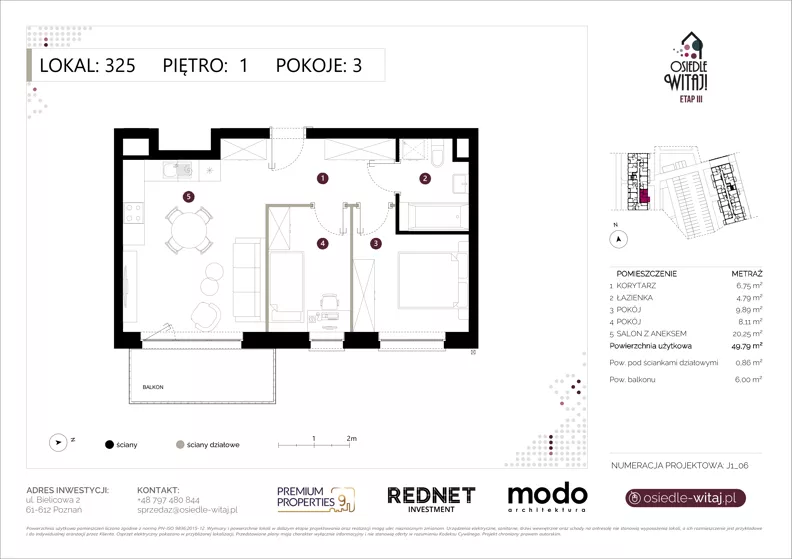 3 pokoje, mieszkanie 49,79 m², piętro 1, oferta nr K325, Osiedle Witaj etap III, Poznań, Naramowice, ul. Bielicowa